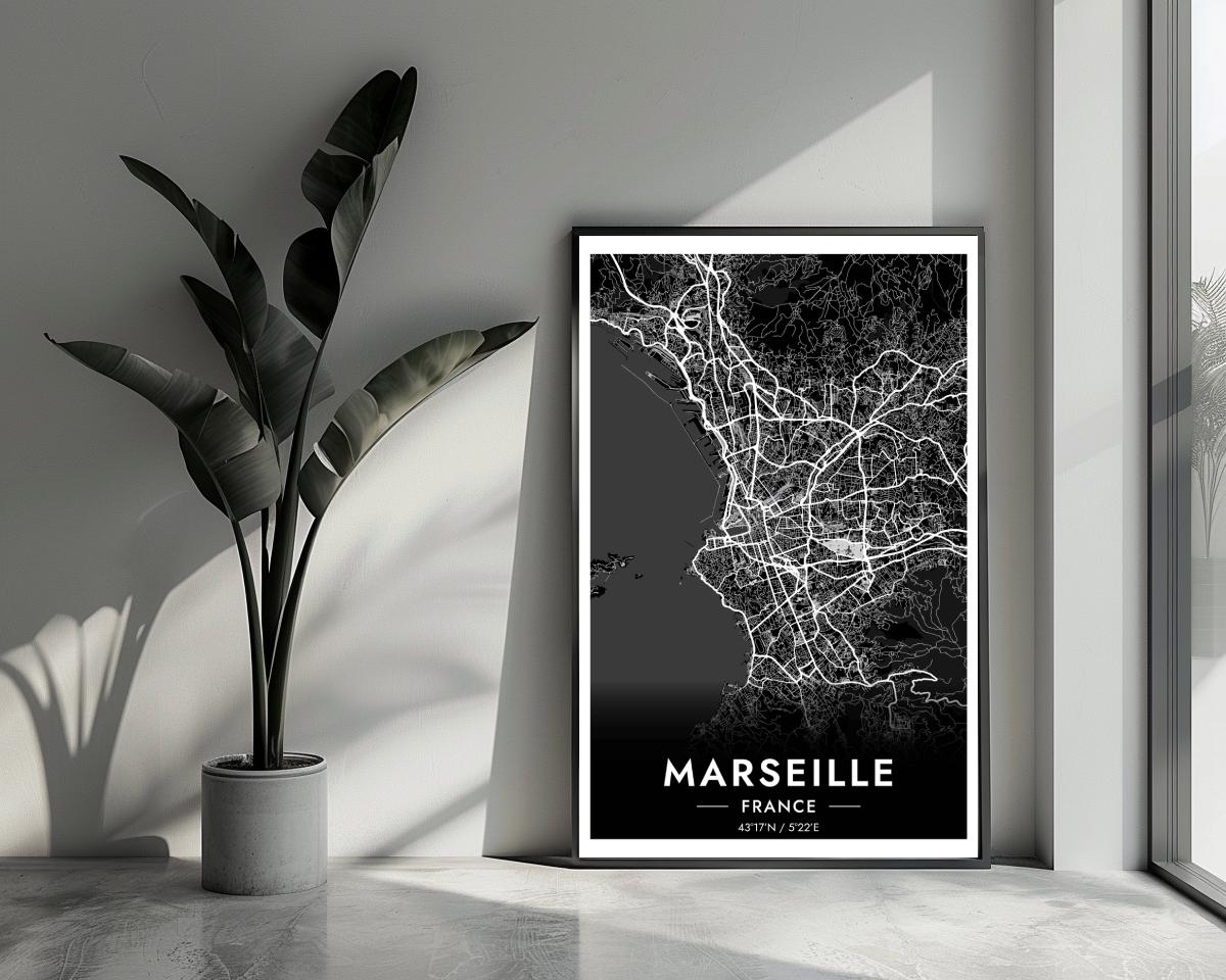 Marseille Map France Black poster van 25 Artstreet