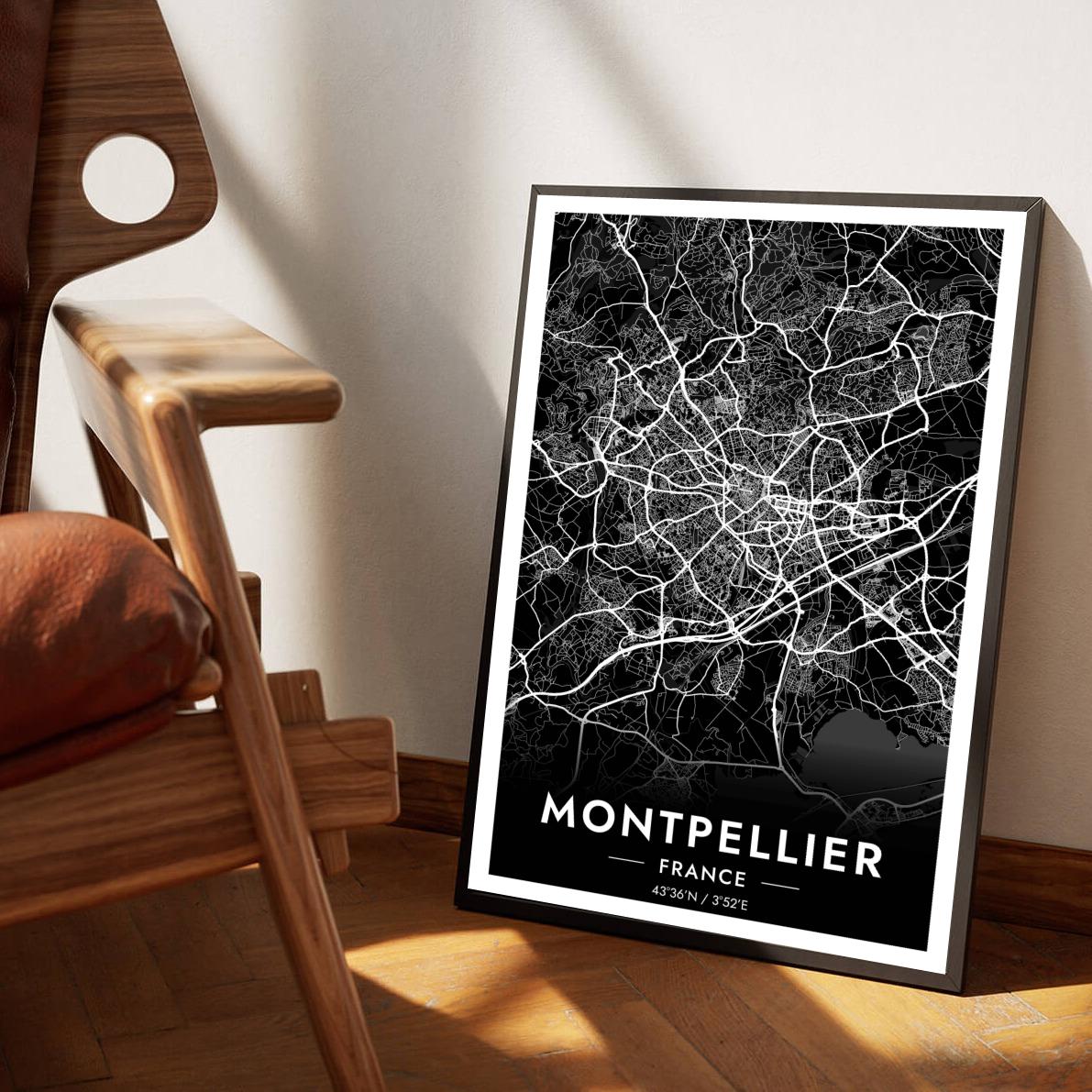 Montpellier Map France Black poster sfeerbeeld 1