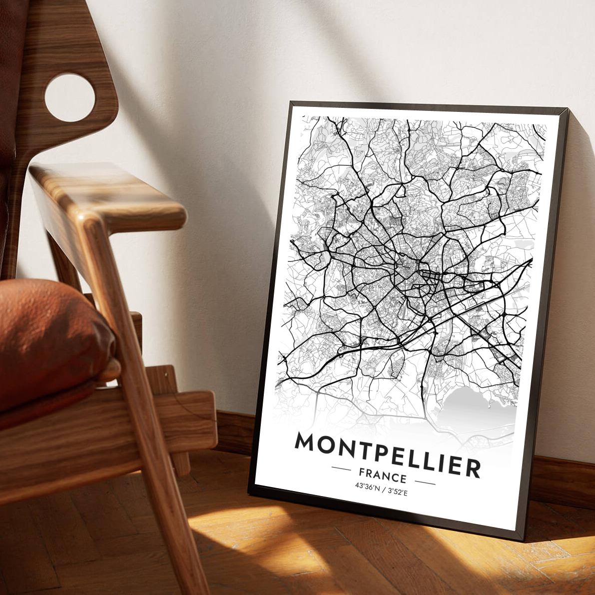Montpellier Map France White poster sfeerbeeld 1