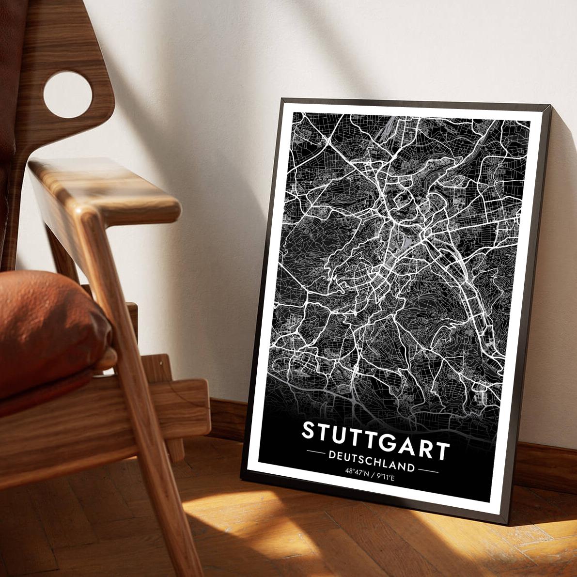 Stuttgart Map Deutschland Black poster sfeerbeeld 1