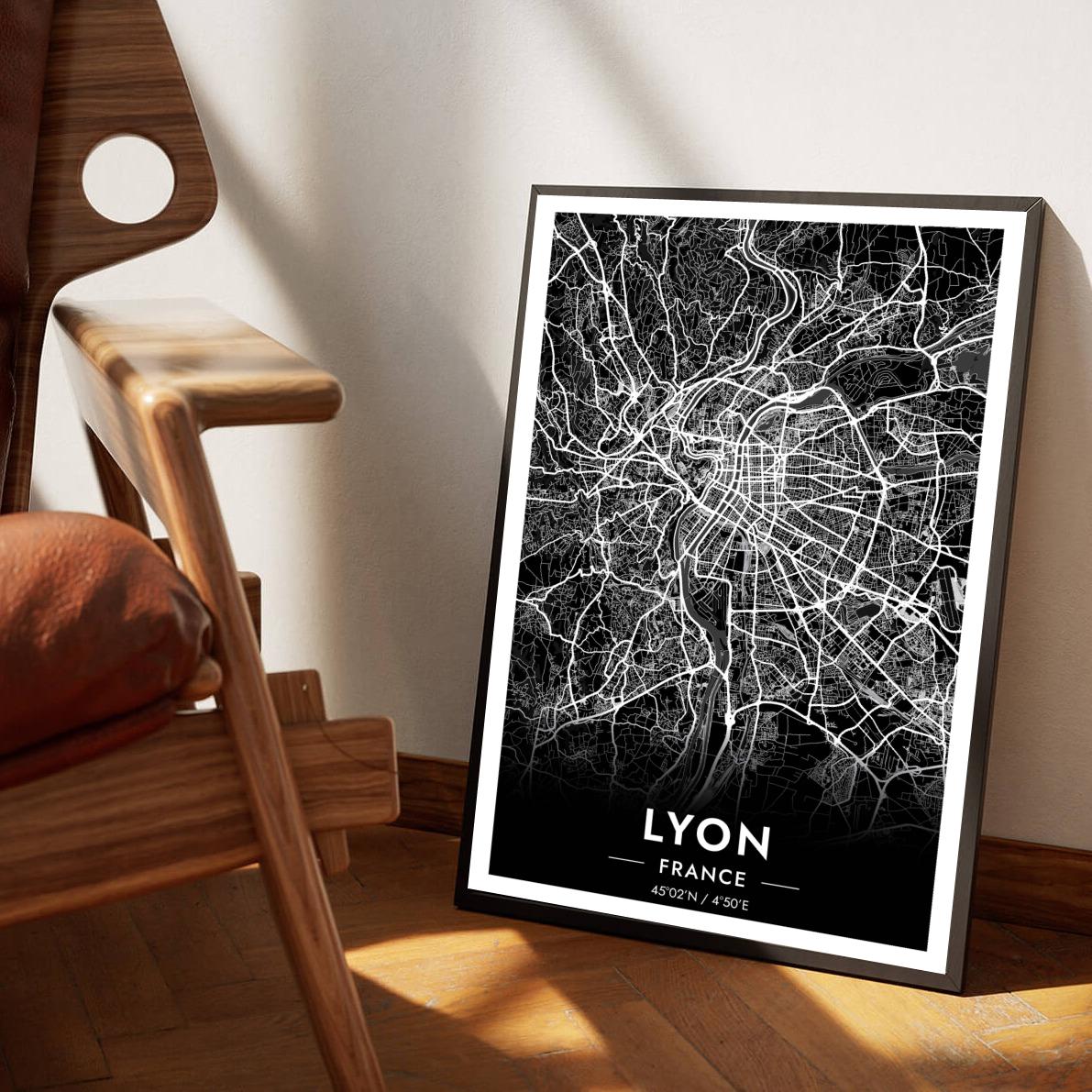 Lyon Map France Black poster sfeerbeeld 1