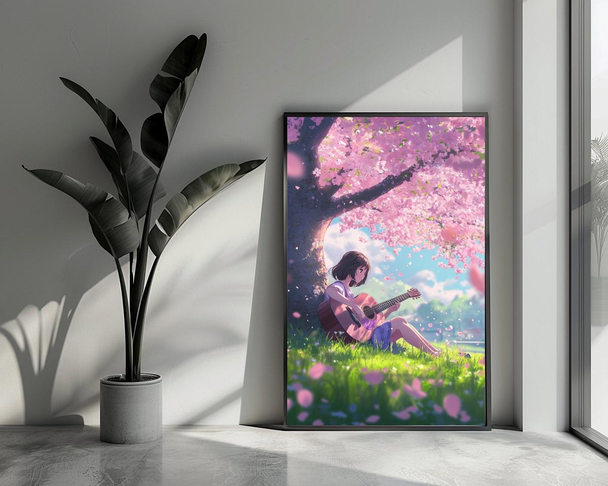 Anime Girl Guitar Cherry Blossom poster van 25 Artstreet
