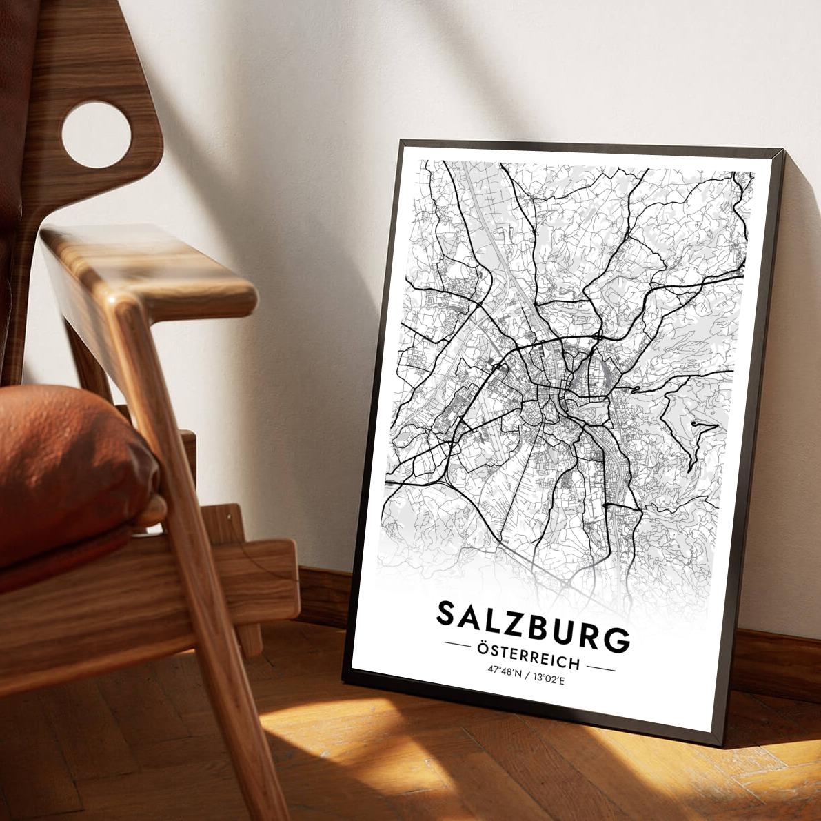 Salzburg Map Österreich White poster sfeerbeeld 1