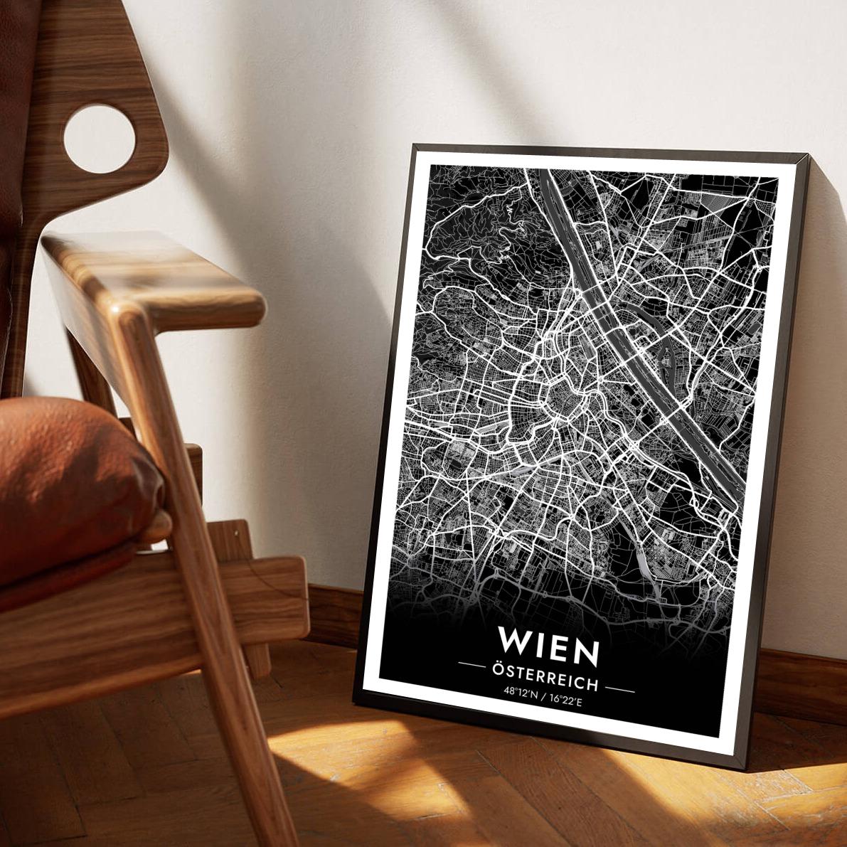 Wien Map Österreich Black poster sfeerbeeld 1