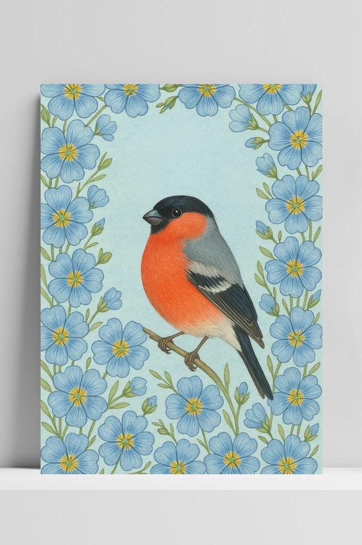 Bullfinch Bird Flowers op 3mm aluminium dibond