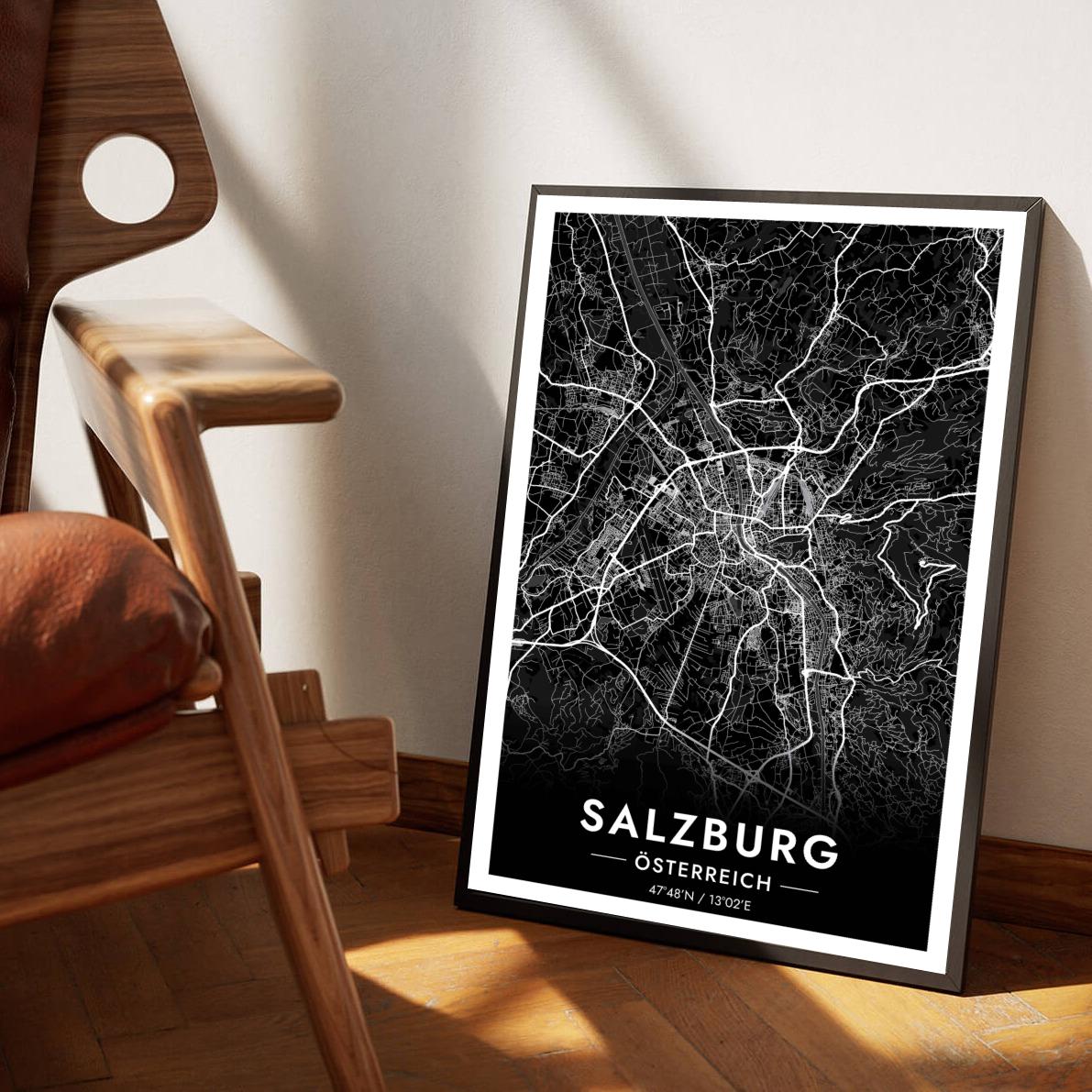 Salzburg Map Österreich Black poster sfeerbeeld 1