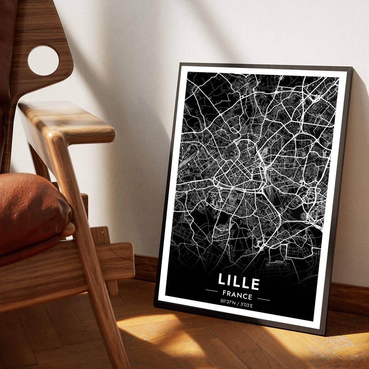 Lille Map France Black poster sfeerbeeld 1
