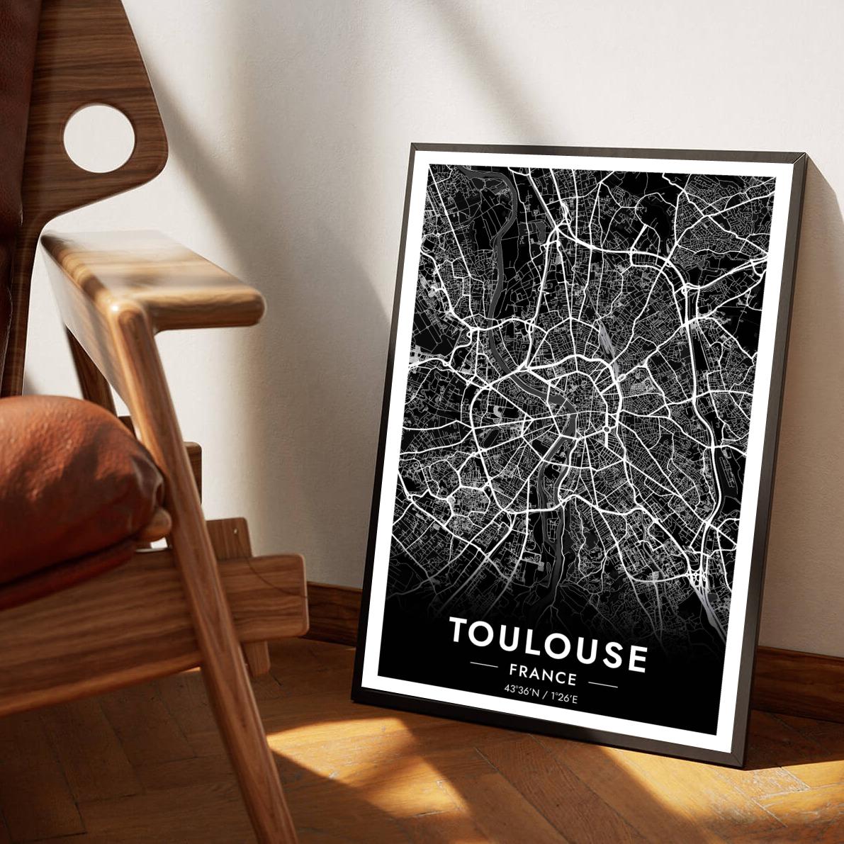 Toulouse Map France Black poster sfeerbeeld 1