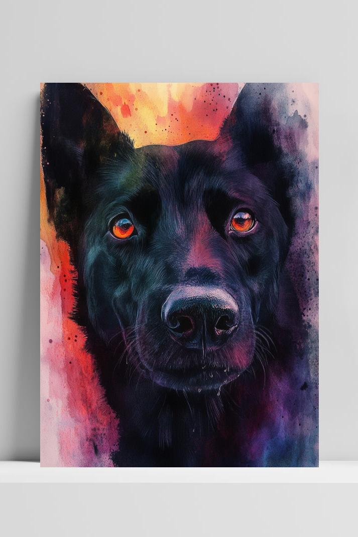Black German Shepherd Aquarel op 3mm aluminium dibond