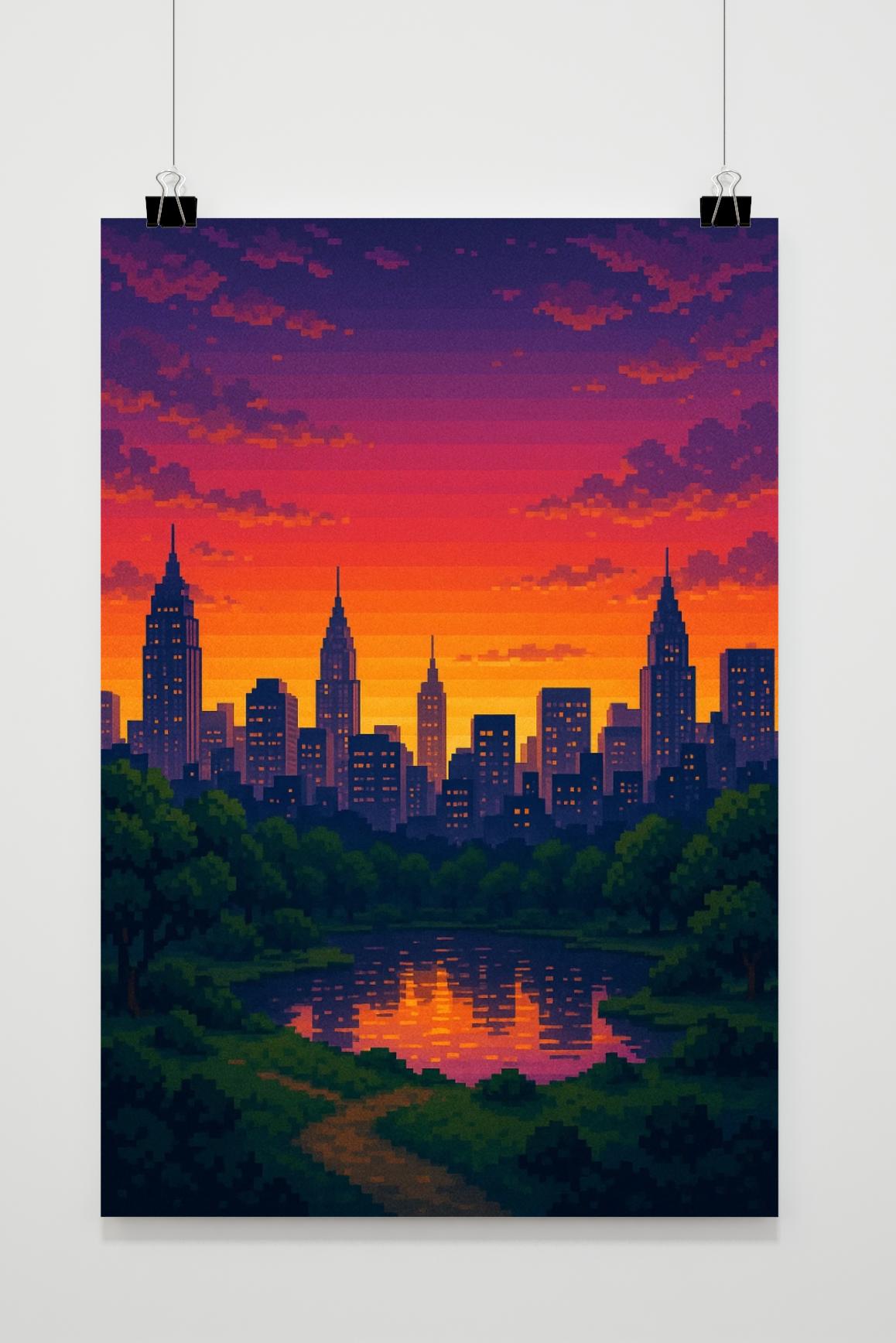 City Skyline Sunset Pixel Poster von 25 Artstreet