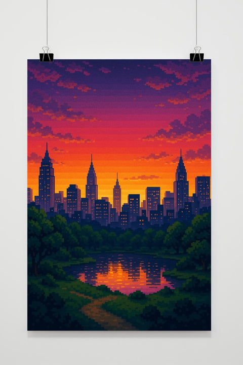 City Skyline Sunset Pixel poster