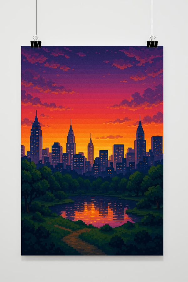 City Skyline Sunset Pixel poster