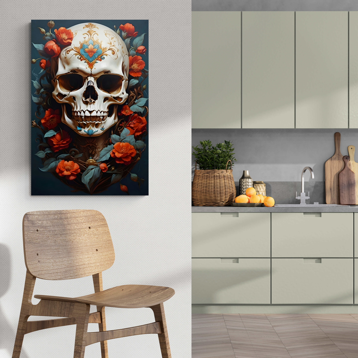 Calavera con Flores en un interior