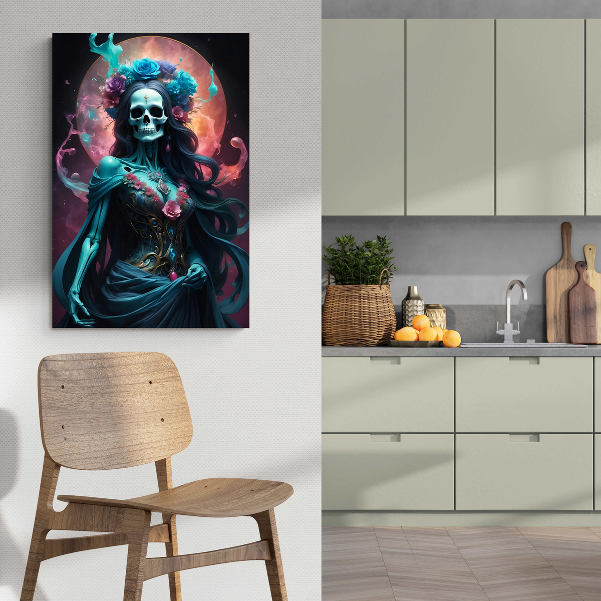 Santa Muerte Luna en un interior