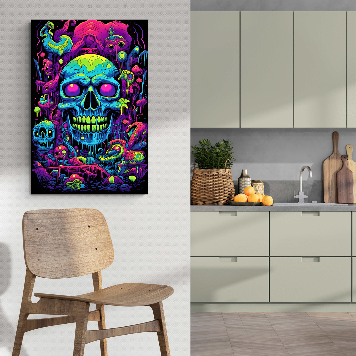 Neon Skull Verde en un interior
