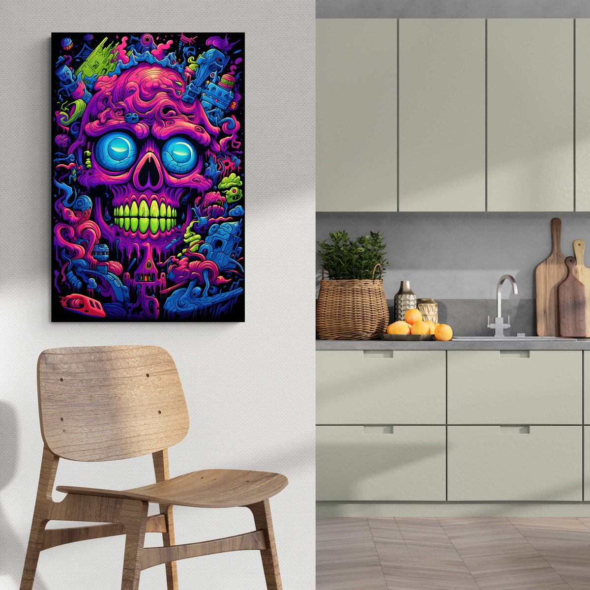 Neon Skull Rojo en un interior