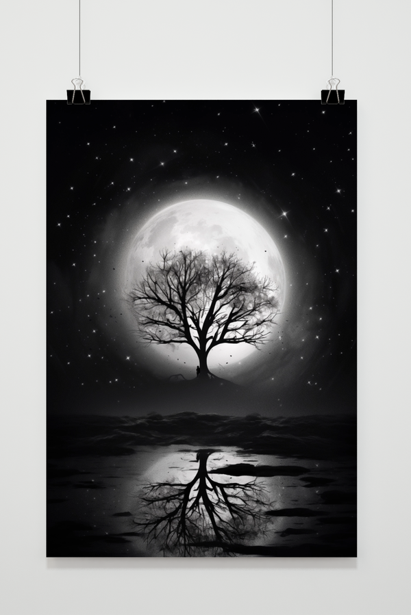 Póster Luna Llena detrás de un Árbol