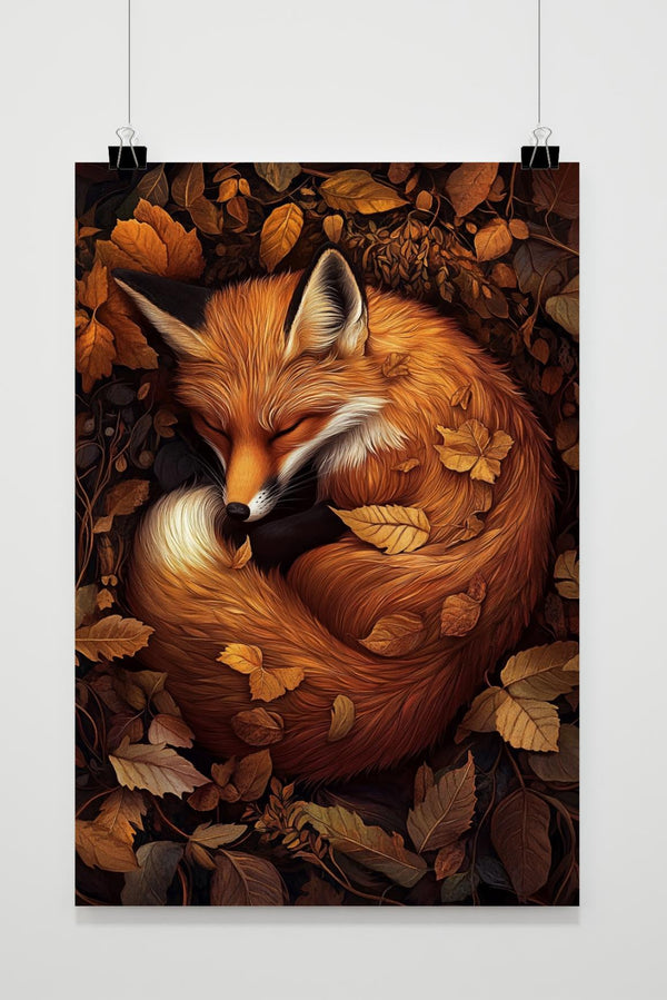 Sleeping Fox Autumn Leaves poster