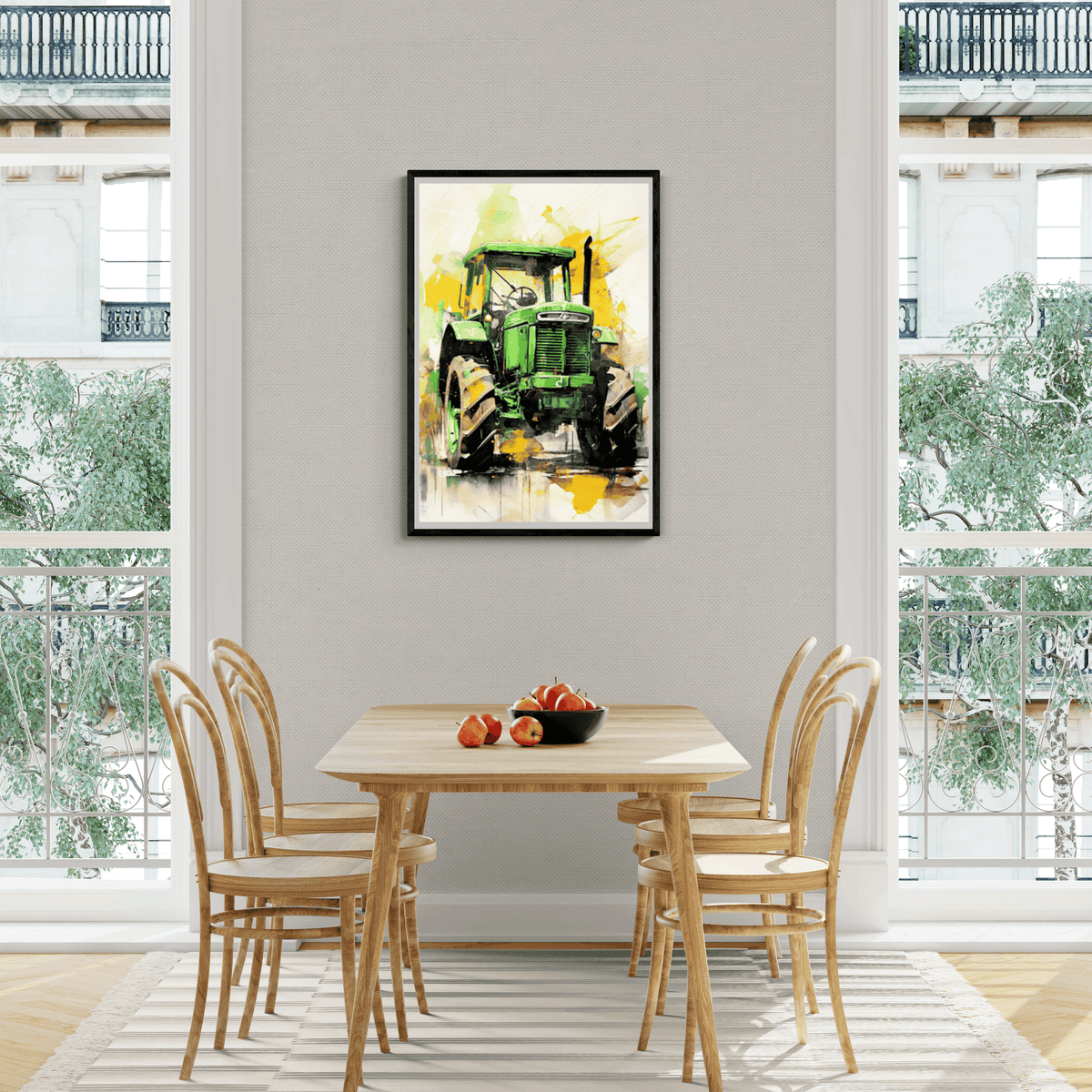 Tractor John Deere en un interior