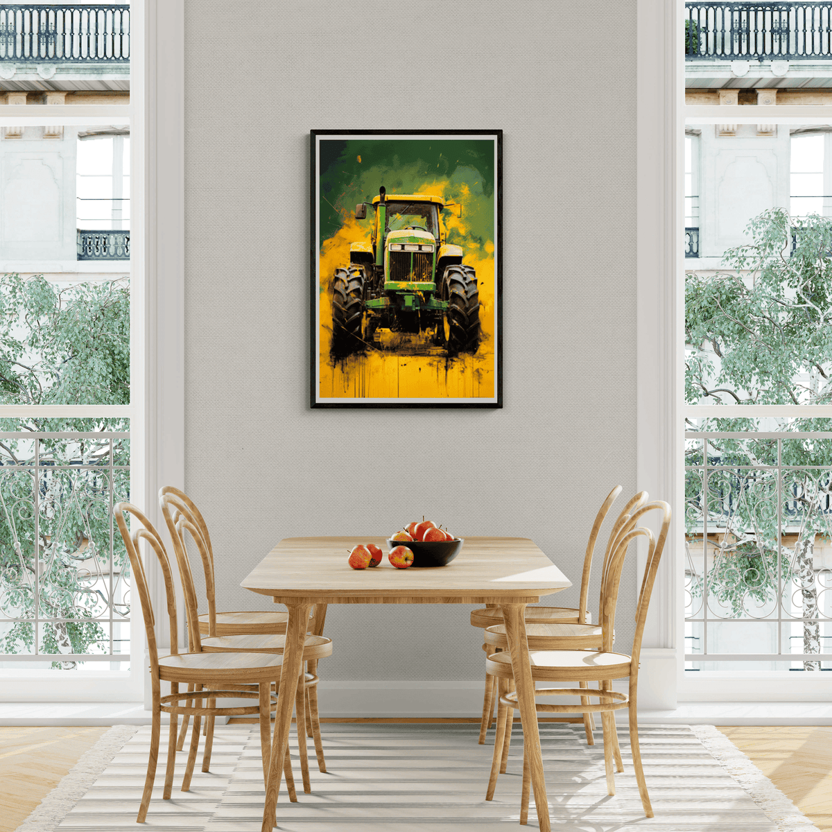 Tractor John Deere en un interior