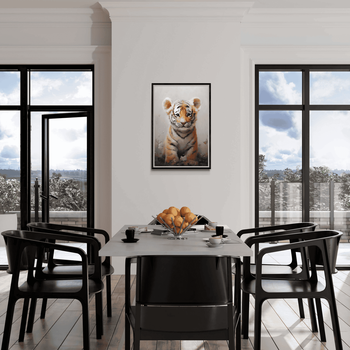 Cachorro y Flores en un interior
