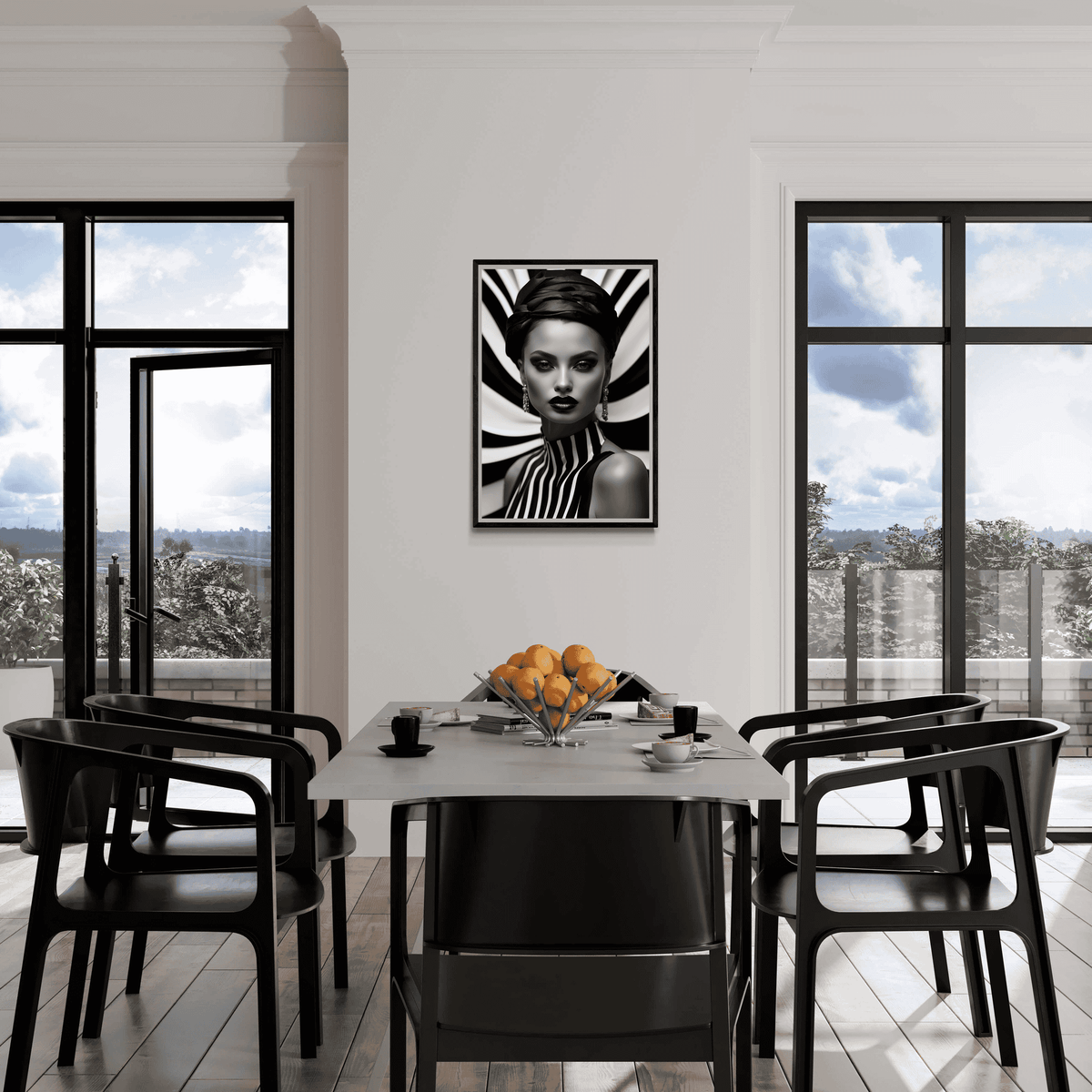 Mujer Blanco y Negro con Rayas en un interior