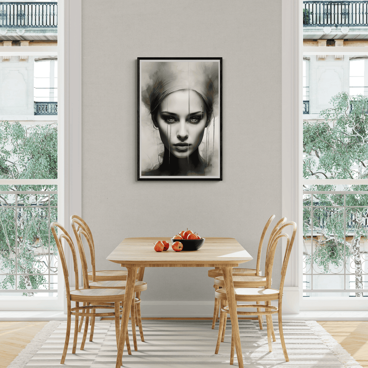 Mujer en Blanco y Negro bajo la Lluvia en un interior