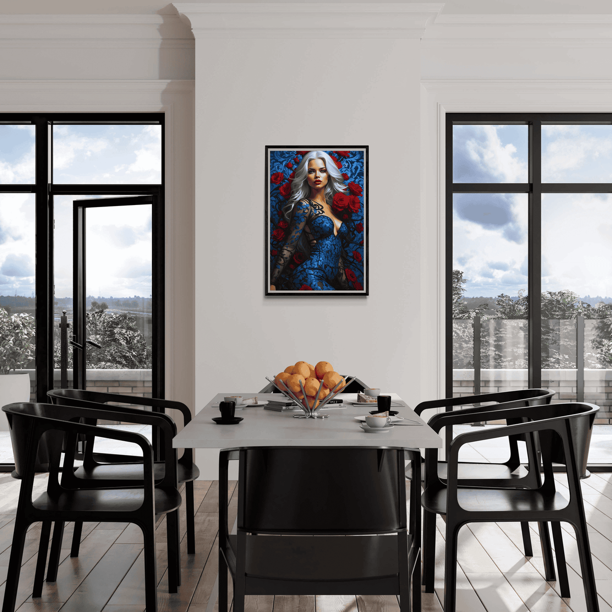 Mujer Rosas Azul en un interior
