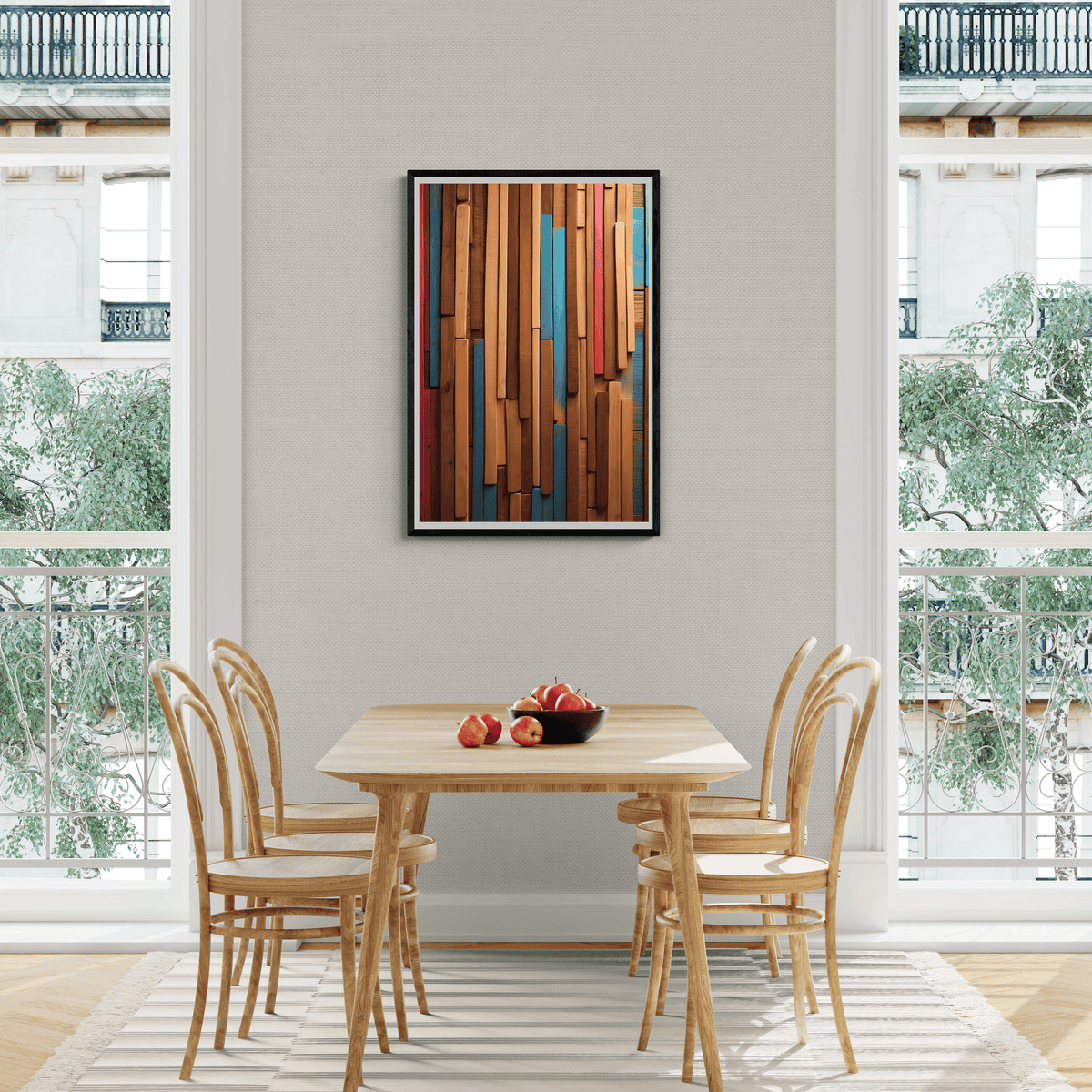 Arte de Palos de Madera en Color en un interior