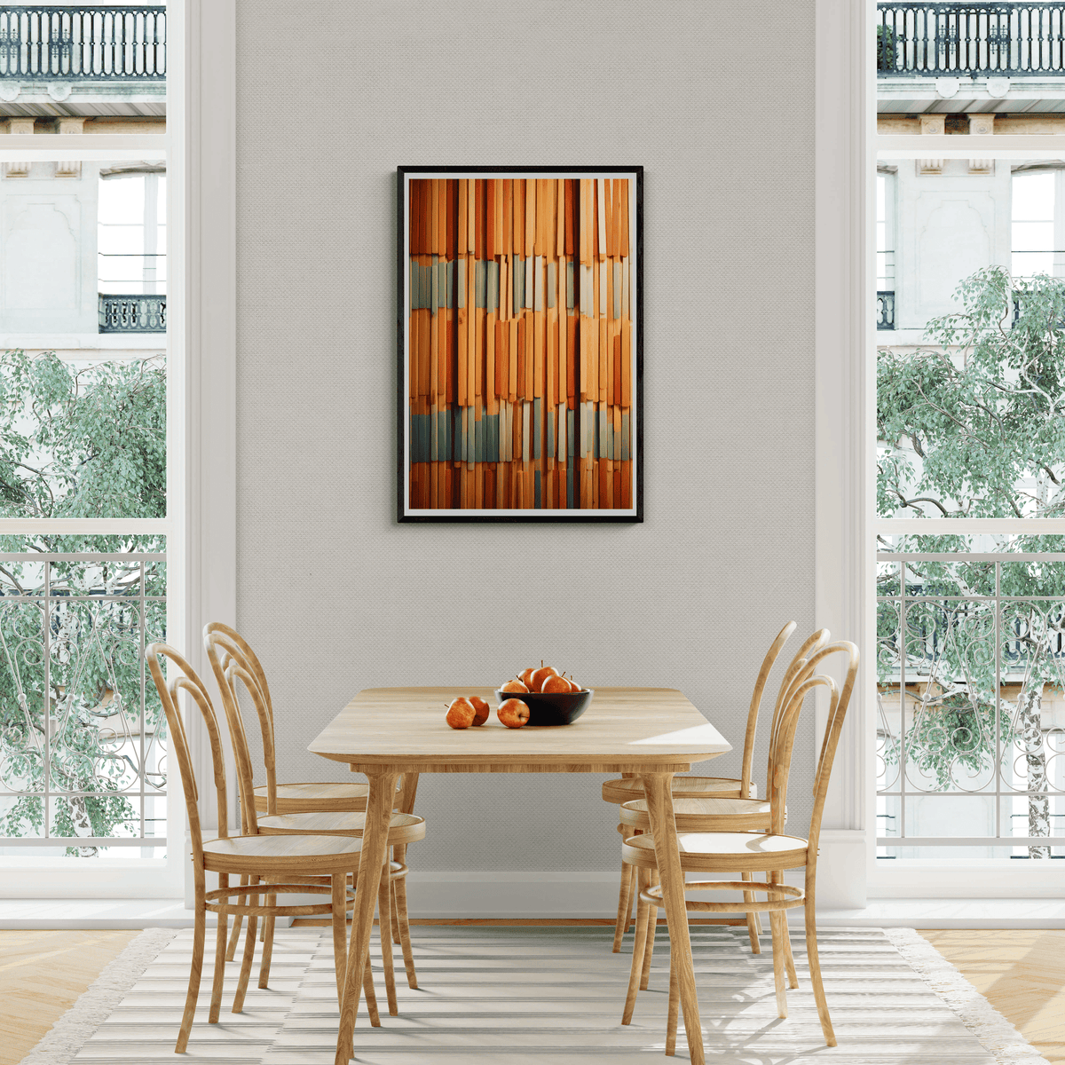 Arte de Palos de Madera en Azul en un interior