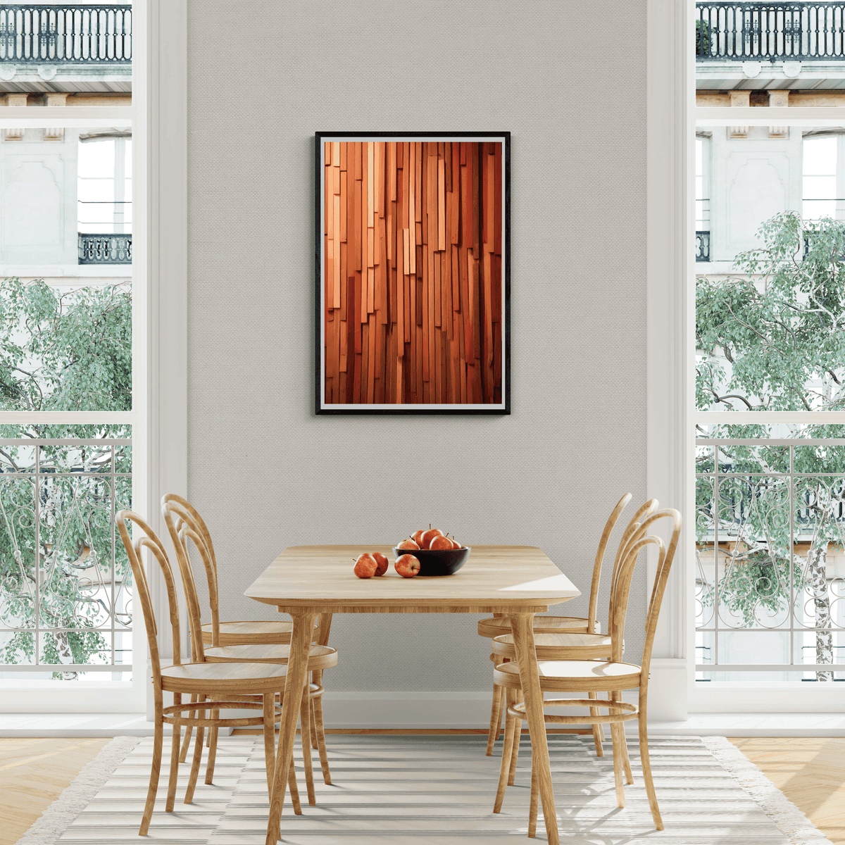 Arte de Palos de Madera en Rojo en un interior