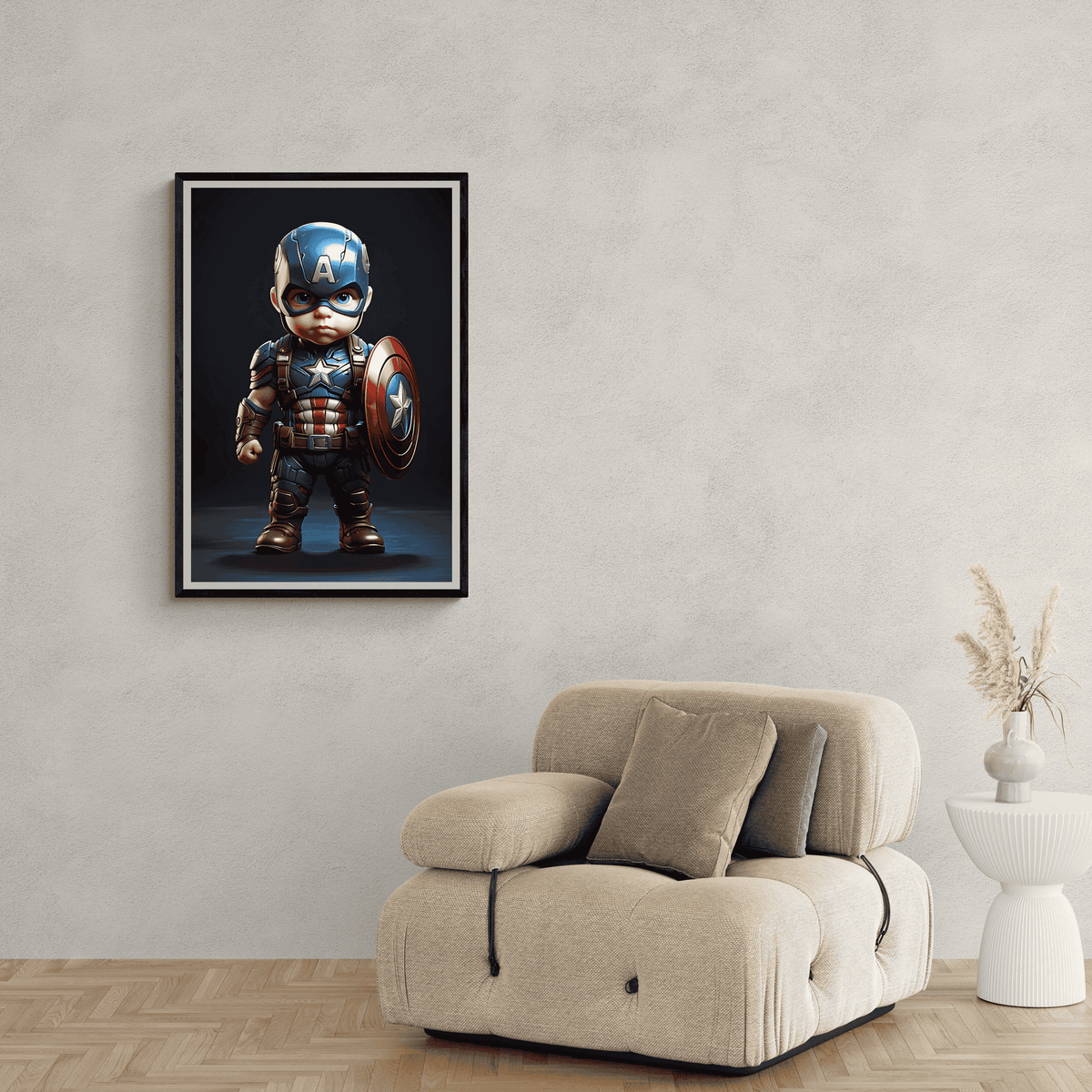 Baby Captain America en un interior