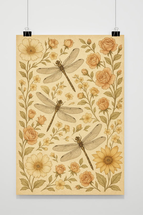 Dragonflies Flowers Pattern Nature Insects Poster