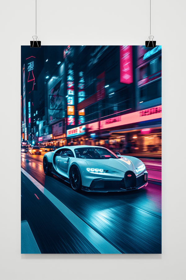 Affiche Bugatti Neon Blanc