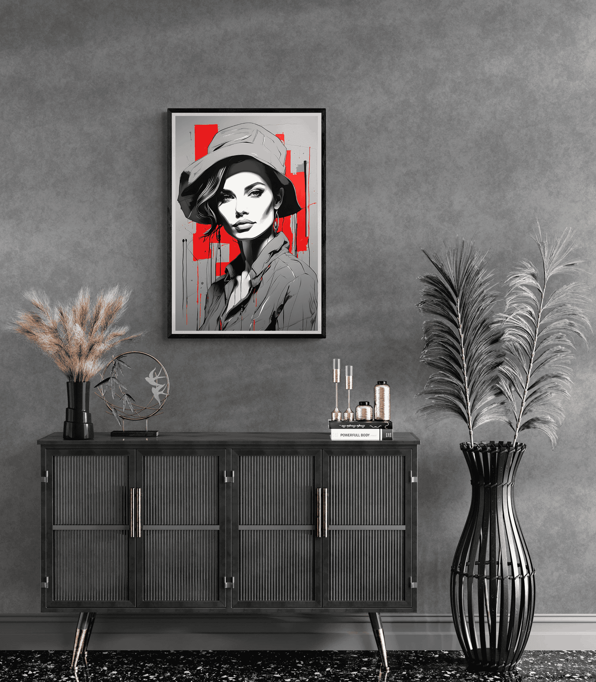 Vrouw Grijs Rood dans un intérieur