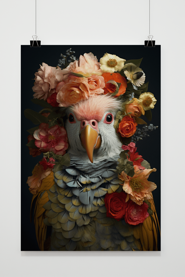 Póster Loro con Flores