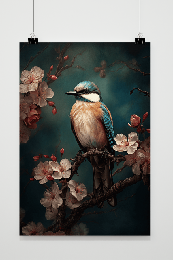 Póster Martín Pescador con Flor Rosa