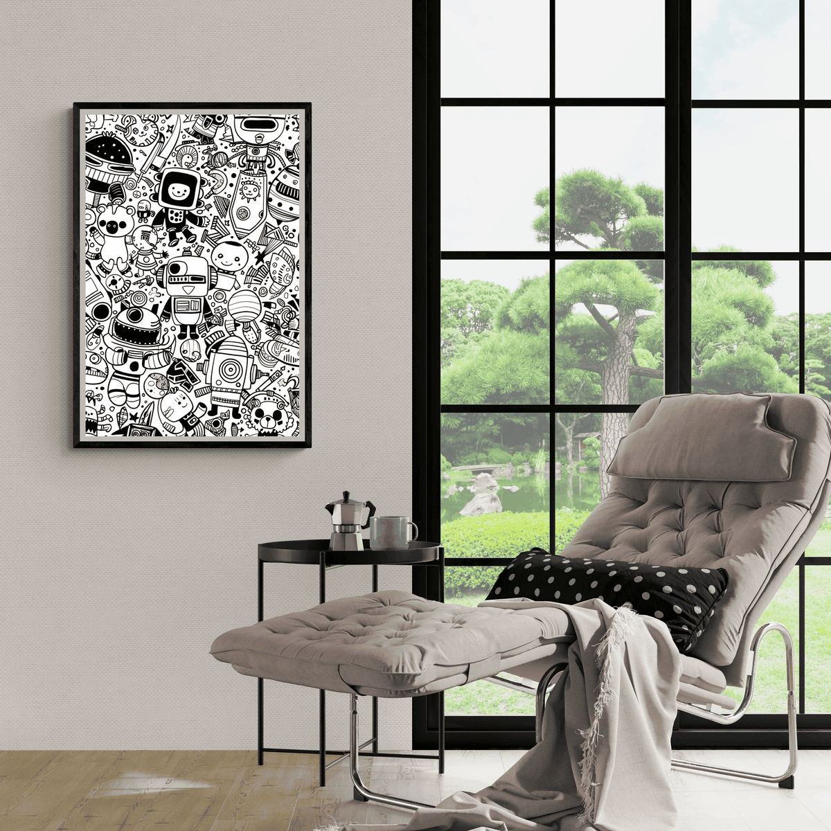 Doodles Blanco y Negro en un interior
