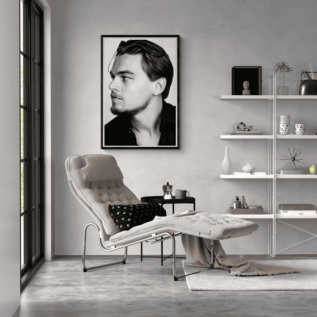 Leonardo DiCaprio Blanco y Negro en un interior