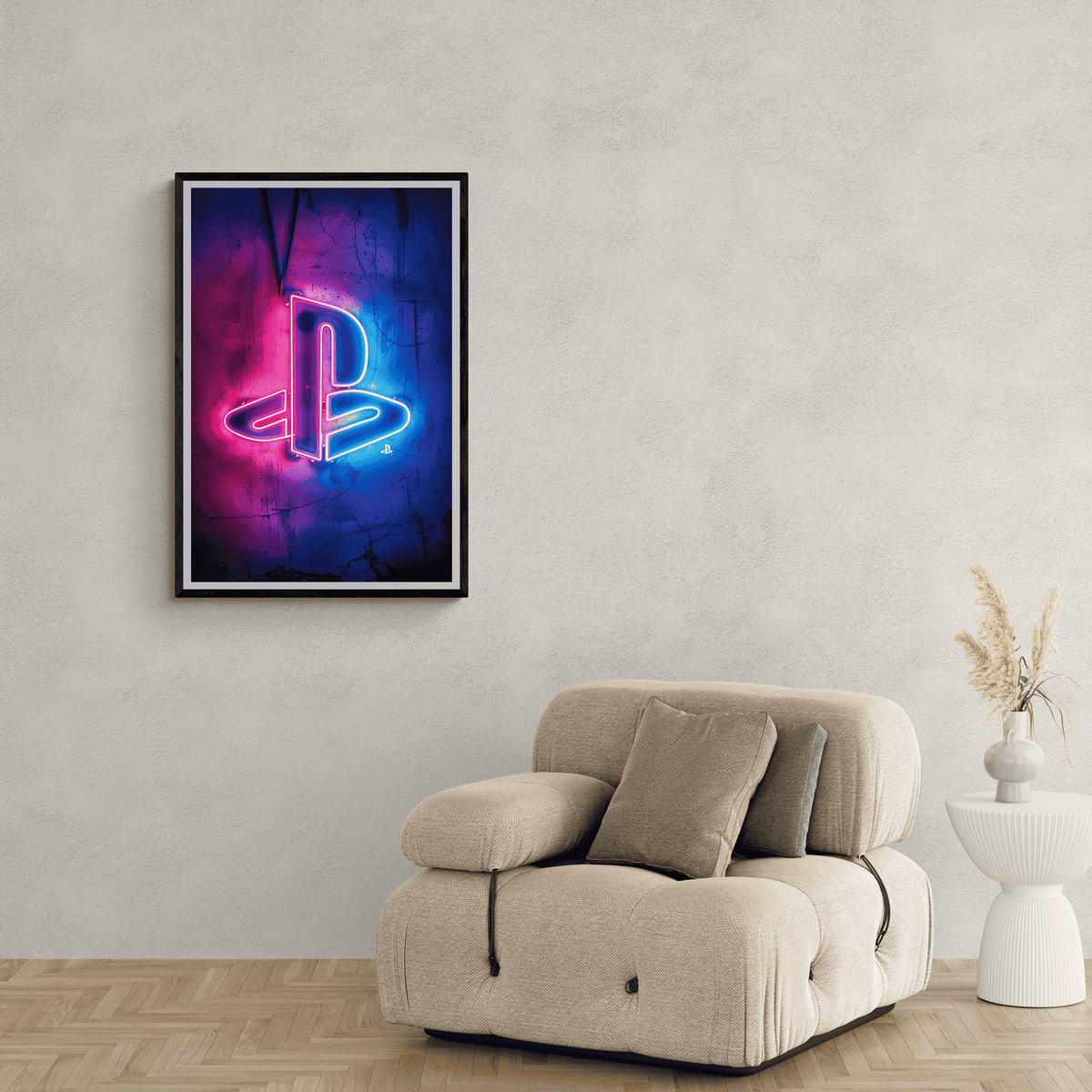 Playstation Neón en un interior