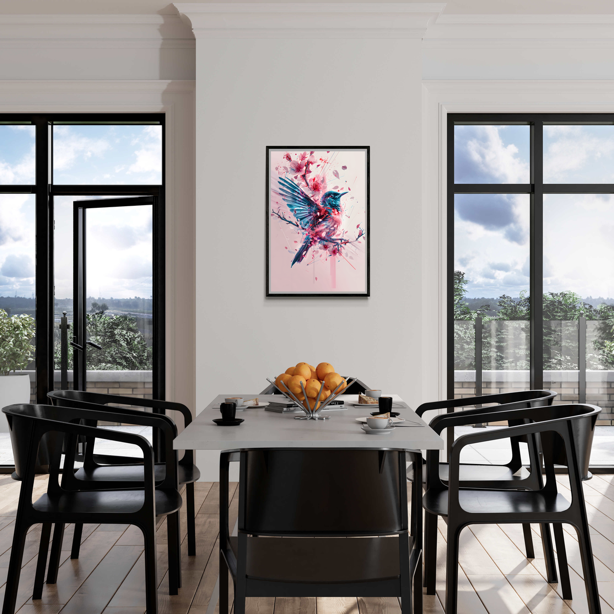 Flor y Pájaro en un interior