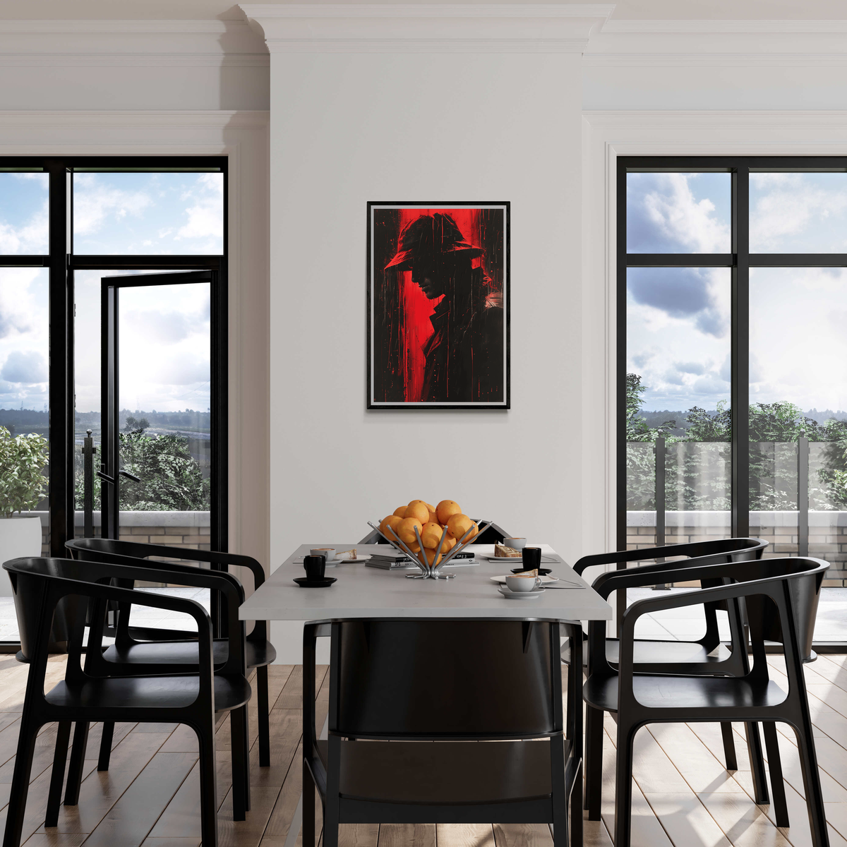 Hombre de Lluvia Rojo en un interior