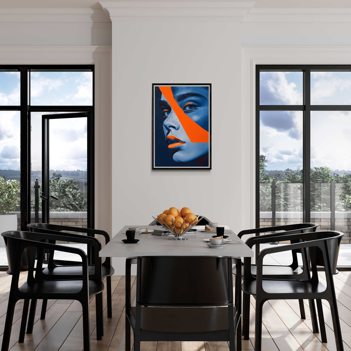 Retrato Azul Naranja en un interior