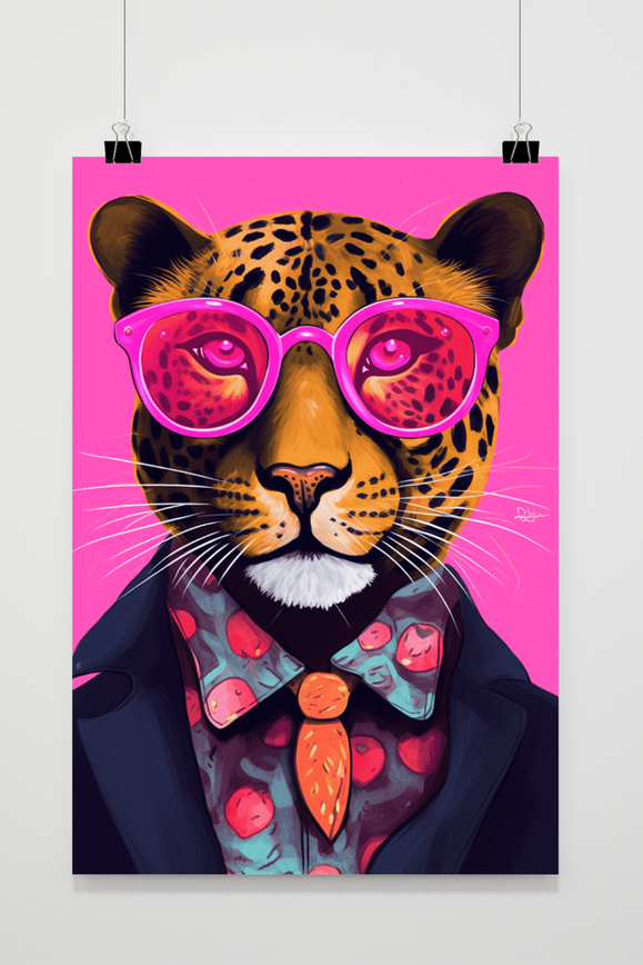 Jaguar with Glasses Pink poster