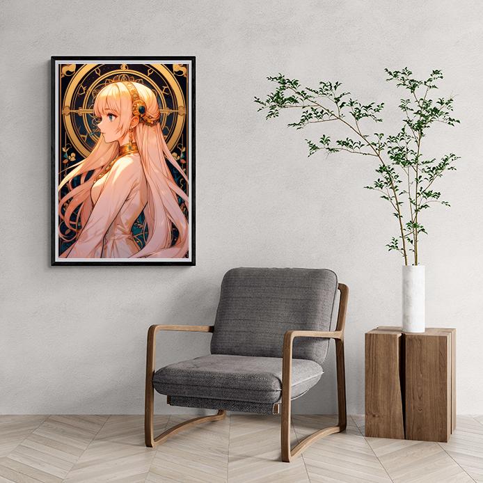 Fille Anime à la Sphère Dorée dans un intérieur