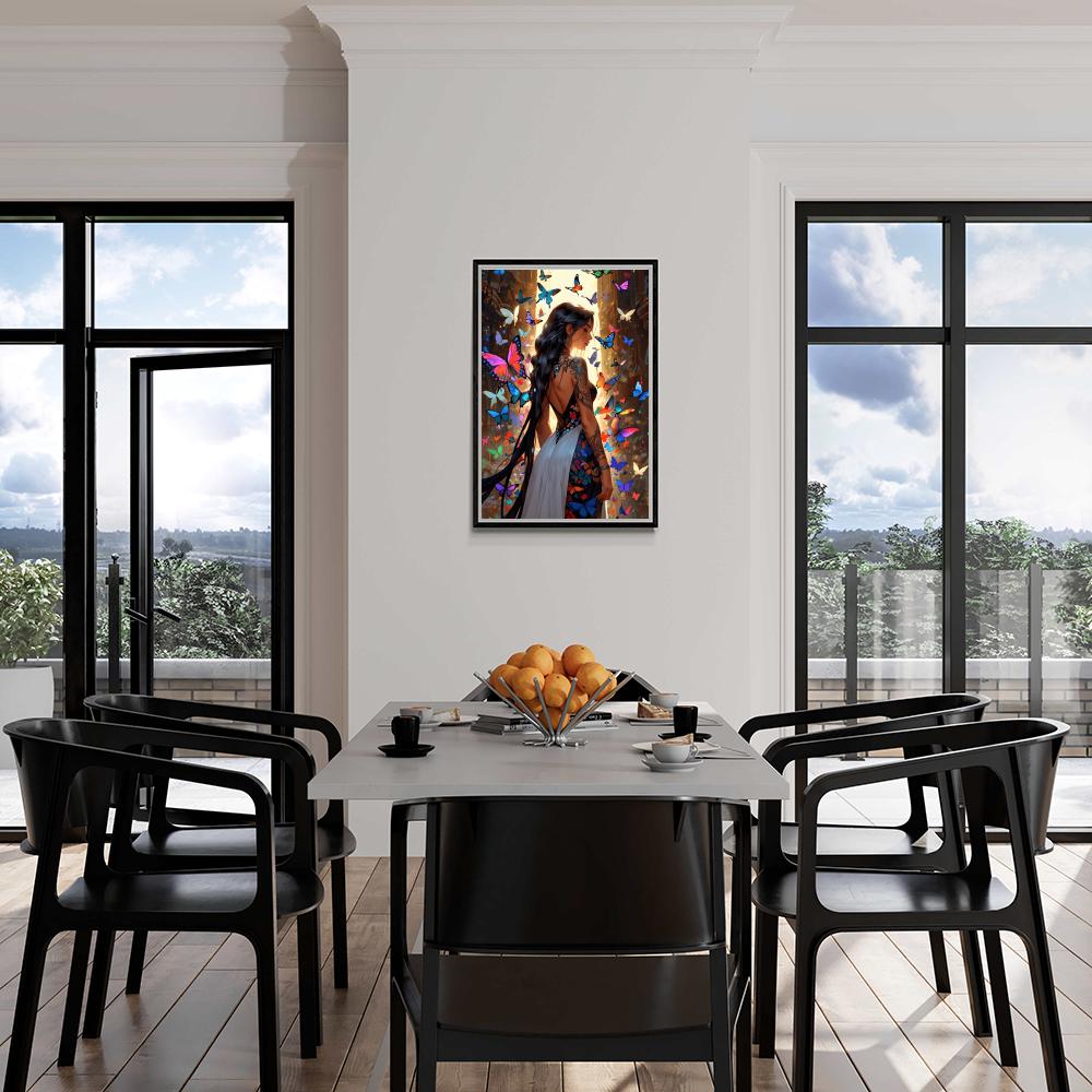 Fille aux Papillons Colorés dans un intérieur