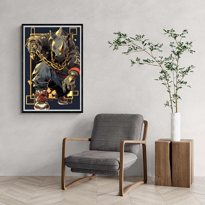 Rhinocéros à Chaîne Dorée dans un intérieur
