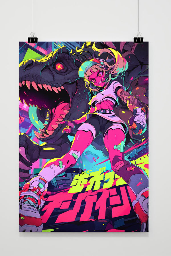 Póster Chica Anime con Dinosaurio