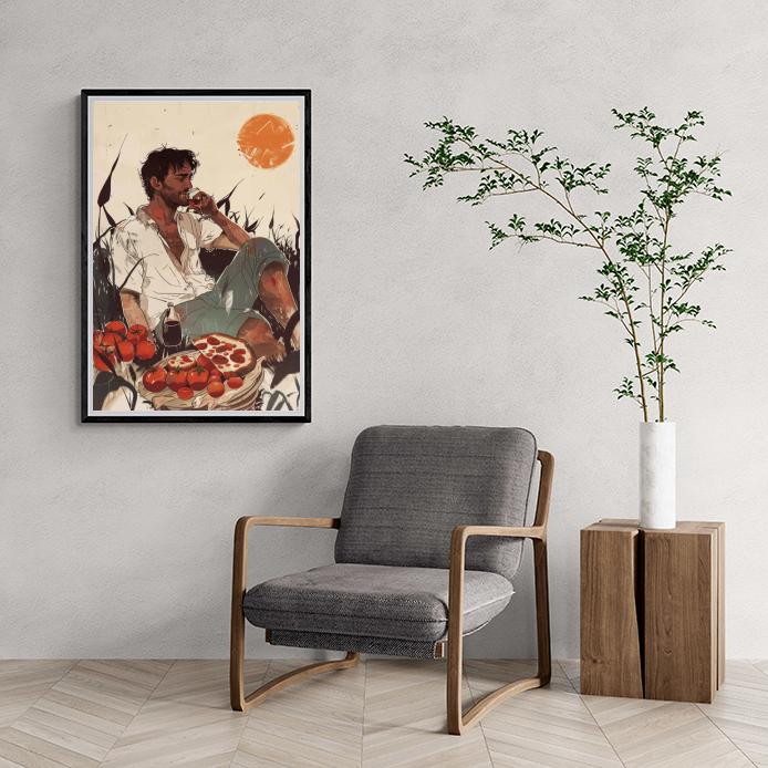 Man Tomaat Pizza dans un intérieur