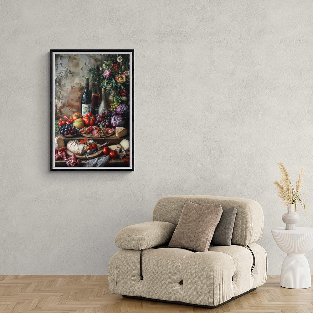 Vin et Fromage Aquarelle dans un intérieur